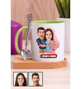 Sevgiliye Hediye Evlenme Teklifi Temalı Karikatürlü Ahşap Altlıklı Yeşil Kupa Bardak