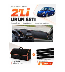 RENAULT CLİO SYMBOL AİRBAGLİ (2003-2006) Uyumlu Torpido Örtüsü + Tay Tüyü Bagaj Çantası Seti - Siyah Kahverengi