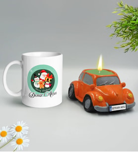 Yılbaşı Hediyesi BK Gift Kişiye Özel Yeni Yıl Tasarımlı Beyaz Kupa Bardak ve Plakalı Nostaljik Vosvos Mum Hediye Seti-3, Sevgiliye, Arkadaşa Hediye