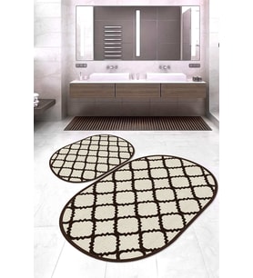 Dijital Baskılı Kaymaz Taban Yıkanabilir Oval 2'li Klozet Takımı Banyo Paspası NOKZ-SD-511 (Krem)