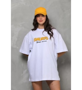 Unisex Bisiklet Yaka Baskılı Oversize T-Shirt - Beyaz