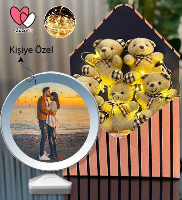 Kişiye Özel Fotoğraflı Premium Led Işıklı Peluş Ayıcık Buketi & Sihirli Ayna Sevgiliye Hediye