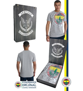 Fenerbahçe Orijinal Lisanslı 6 Renk Logo Gri Tribün T-Shirt Hediyelik Ahşap Kutulu