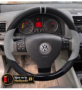 Vw Golf 5 Dikme Direksiyon Kılıfı Delikli Deri Parlak Siyah Gri Detay Çift Yüzük ve Dikiş 2003-2008