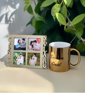Kişiye Özel Seni Seviyorum 4 Fotoğraf Standlı Mdf Gold Çerçeve Ve Gold Kupa Set