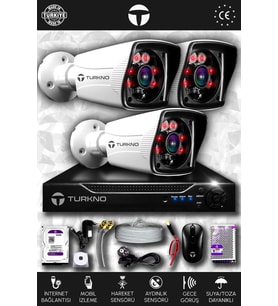 TURKNO 3 Kameralı Karia 3 Dış Kamera Set 100 GB HDD Full HD Gece Görüşlü Güvenlik Kamerası Sistemi
