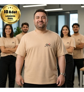 Logonuza Özel 10 Adet Bej Büyük Beden Tişört - Pamuk Unisex Kurumsal Büyük Beden Tişört