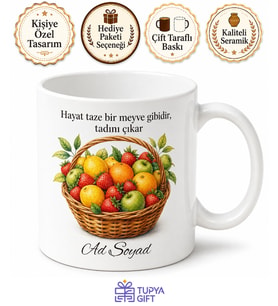 Meyve Sepeti Temalı Baskılı Kupa Bardak Özel Tasarım Hediye Porselen Mug