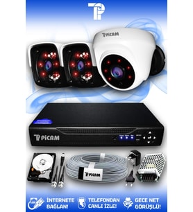 PICAM 3 Kameralı Panda 1 İç Kamera Set 250 GB HDD Full HD Gece Görüşlü Güvenlik Kamerası Sistemi