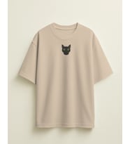 Erkek Siyah Kedi Baskılı Oversize Tişört – Minimal Black Cat Tasarım (Bej)