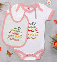 BK Kids İlk Babalar Günü Tasarımlı Pembe Bebek Body Zıbın ve Mama Önlüğü Hediye Seti-1