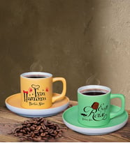 BK Gift Kişiye Özel Evin Reisi ve Hanımı Temalı Sarı ve Yeşil Renk İkili Türk Kahvesi Fincan Seti-1, Ev Hediyesi, Arkadaşa Hediye, Doğum Günü Hediyesi