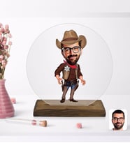 BK Gift Kişiye Özel Kovboy Karikatürlü Yuvarlak Ahşap Standlı Biblo-1