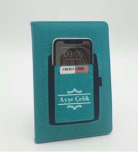 Kişiye Özel İsim Soyisim Baskılı Telefon Ve Kartlık Cepli Turkuaz Defter