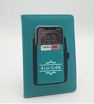 Kişiye Özel İsim Soyisim Baskılı Telefon Ve Kartlık Cepli Turkuaz Defter