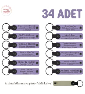 Sevgiliye Doğum Günü Hediyesi, Kişiye Özel İsimli Anahtarlık 34' lü Set, Mor Menekşe & Sütlü Kahve (Lila - Mor)