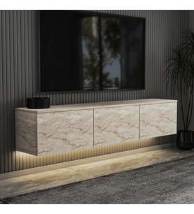 Neon LED Işıklı Duvara Monte, 3 Kapaklı TV Sehpası – 160 cm - Modern Tasarım, Traverten Desen (Bej)