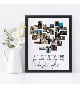 KİŞİYE ÖZEL TASARIM HEDİYE YIL DÖNÜMÜ KALPLİ  KOLAJ SİYAH  FOTOĞRAF ÇERÇEVESİ 21X30