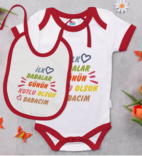 BK Kids İlk Babalar Günü Tasarımlı Kırmızı Bebek Body Zıbın ve Mama Önlüğü Hediye Seti-1
