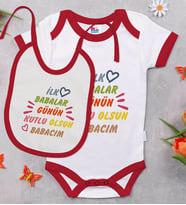 BK Kids İlk Babalar Günü Tasarımlı Kırmızı Bebek Body Zıbın ve Mama Önlüğü Hediye Seti-1