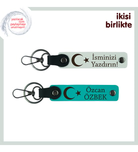Ay Yıldız Desenli Özel Hediye, İsim Yazılabilir 2’li Anahtarlık Seti Yakın Dostlara, Beyaz-Turkuaz