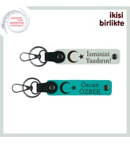Ay Yıldız Desenli Özel Hediye, İsim Yazılabilir 2’li Anahtarlık Seti Yakın Dostlara, Beyaz-Turkuaz
