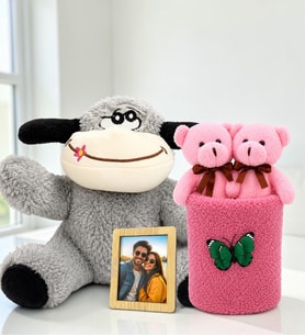 Kişiye Özel Fotoğraflı Peluş Eşek ve Peluş Saksıda Ayıcık Buketi Sevgiliye Hediye Seti