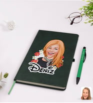BK Gift Kişiye Özel Kadın Karikatürlü Yeşil Termo Deri Defter Kalem Seti Model 51