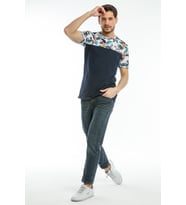 Süperlife Erkek Bisiklet Yaka Slim Fit Kol ve Ön Garnili Tişort SPR21Y06 (Lacivert)