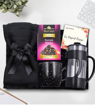 Siyah Renk Şal & Siyah French Press & Yıldızlı Siyah Mat Kupa & Beta Tea Karışık Meyve Bitki Çayı Hediye Seti