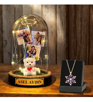 Kişiye Özel İsimli ve 3 Fotoğraflı Beyaz Ayıcıklı Fanus & Lotus Kolye  Led Işıklı Tasarım