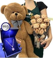 Kişiye Özel VIP Set - 925 Ayar Işıklı Kutuda Gümüş Kolye & Kahve Ayıcık & 7'li Ayıcık Buket (Model 2)