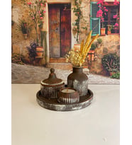 Özel Tasarım Yuvarlak Tepsi, Tealight Mumluk, Kapaklı Kutu, İskandinav Vazo Dekoratif Set (Kahverengi)