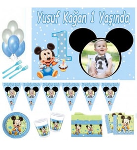 1 Yaş Doğum Günü Süsleri, Afişli İlk Yaşım Baby Mickey Doğum Günü Süsleri Parti Malzemeleri-