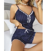 Kadın Lacivert Dantel Detaylı Beyaz Noktalı Şortlu Gecelik Pijama Takımı 5049