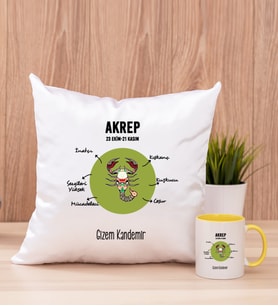 Kişiye Özel Akrep Burcuna Hediye Kare Yastık ve Sarı Kupa