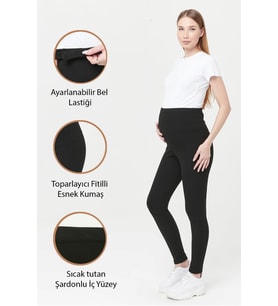 Luvmabelly MYRA8068 Toparlayıcı Fitilli Termal İçi Şardonlu Sıcak Tutan Beli Ayarlanabilir Hamile Tayt -Siyah