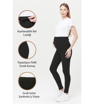 Luvmabelly MYRA8068 Toparlayıcı Fitilli Termal İçi Şardonlu Sıcak Tutan Beli Ayarlanabilir Hamile Tayt -Siyah
