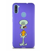 Samsung Galaxy A11 Soft Premier Kapak Squidward Dokunaç Tasarımlı Silikon Kılıf - Mor (Şeffaf)