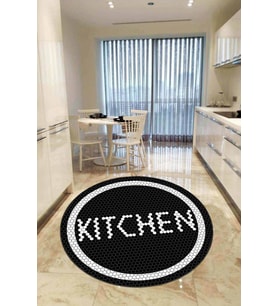 Siyah Kaymaz Kitchen Yazılı Yuvarlak Mutfak Halısı AR544