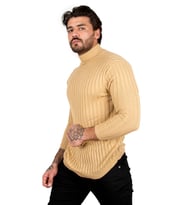 DeepSEA Erkek Camel Slim Fit Yarım Balıkçı Yaka Çizgi Desenli Örme Kazak Yarım Boğazlı Triko 2100017