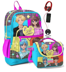 Coral High Okul Çantası ve Beslenme Çanta Seti - Usb Soketli Mavi Pembe Anime Kız Çocuk