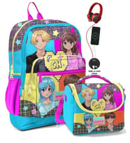 Coral High Okul Çantası ve Beslenme Çanta Seti - Usb Soketli Mavi Pembe Anime Kız Çocuk