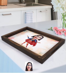 BK Gift Kişiye Özel Süper Anne Karikatürlü Doğal Ahşap Tepsi-1