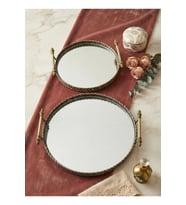VİNTAGE DEKORATİF JARDİNYER AYNALI BRONZ YUVARLAK 2 Lİ TEPSİ