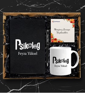 Kişiye Özel Psikolog Tasarımlı Siyah Defter Kalem & Kupa Hediye Seti