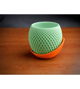 3D Baskı Küre Saksı - Kafes Dokulu İki Parçalı Dekoratif Saksı - Mint-Turuncu