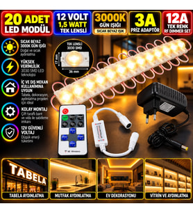 20 Adet 12V 1,5W Tek Lensli 3030 3000K Günışığı Led Modül 3A Priz Adaptör 12A Tek Renk RF Dimmer Set