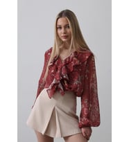Volanlı Çiçek Desen Şifon Gömlek - Bordo