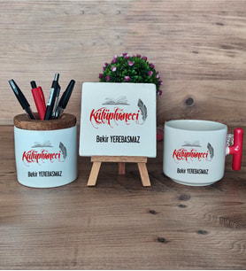 Kütüphaneci Hediye Sepeti Kupa Bardak T Kulplu, Kalemlik ve Dekoratif Taş Kütüphaneciye Hediye (Model 1)